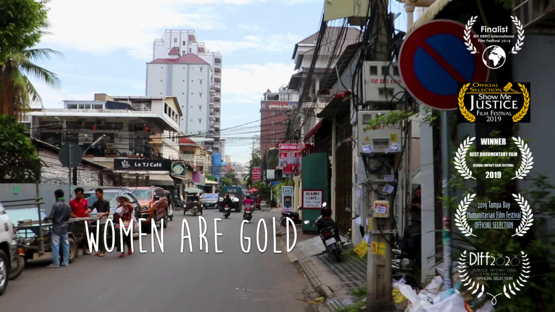 "Women Are Gold" article and video thumbnail showing city street and with film awards overlayed.